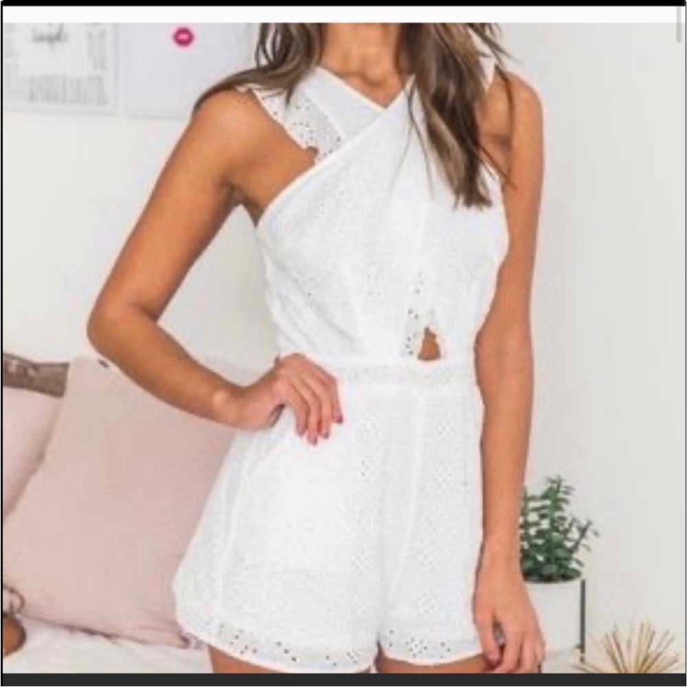 Pink Lily White Eyelet Cross-Back Romper - Picture 11 of 13